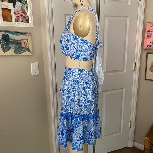 SHEIN Blue White floral crop Tied TANK & Skirt Set Outfit *SMALL* B112 - Picture 4 of 7